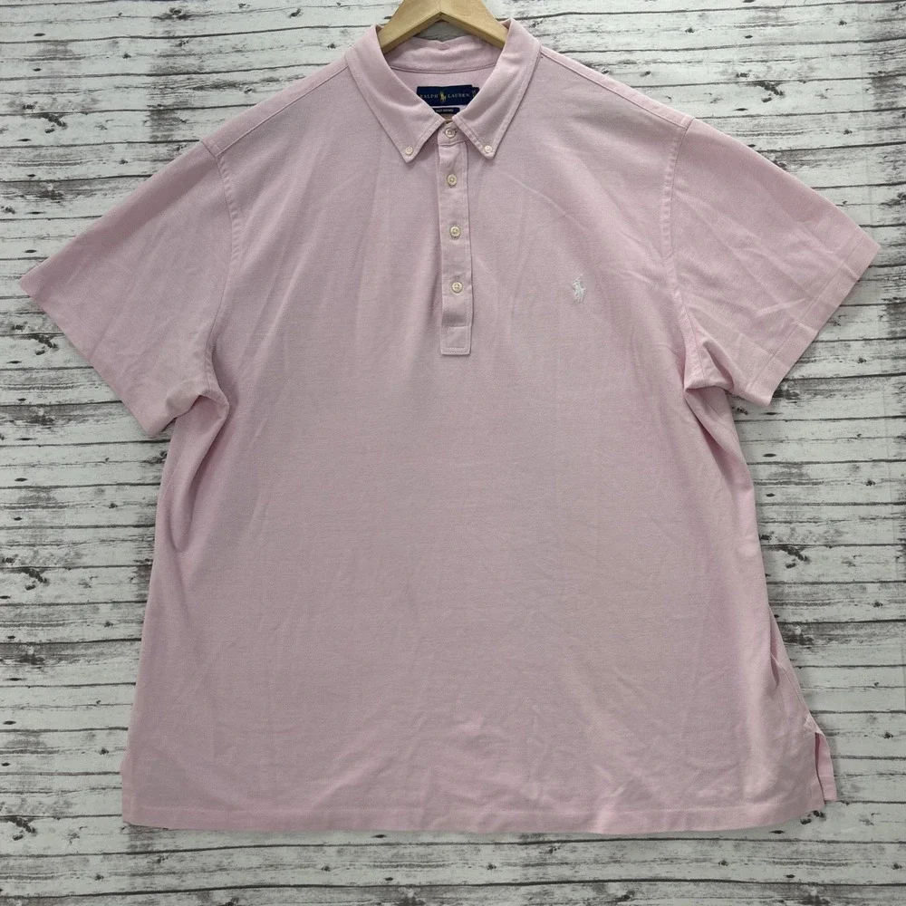 Ralph Lauren Polo Shirt Men's 2XB Pink Knit Oxford Cotton S/S White Pony
